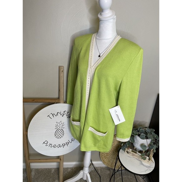 St. John By Marie Gray Cardigan w/ Shoulder Pads Green Small New With Tags - Picture 1 of 16